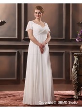 Zipper Satin / Chiffon Ruffles Sweep V Neck Column / Sheath / Plus Ivory Short Sleeve Size Empire Wedding Dress