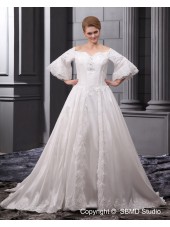 Sleeve A-line / Plus Ivory Long Zipper Beading / Applique Satin / Organza Sweetheart Natural Size Court Wedding Dress