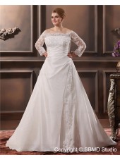 Taffeta Champagne A-line / Plus Cathedral Size Empire Zipper Applique / Ruffles / Lace Off-the-shoulder Long Sleeve Wedding Dress