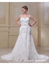 Sweep Sleeveless Satin / Lace Mermaid / Plus Lace Up Bow / Sash / Lace / Beading Dropped Size Strapless Ivory Wedding Dress