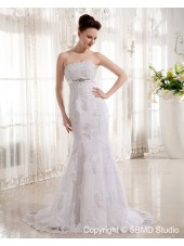 Sleeveless Zipper Mermaid Beading / Lace / Applique / Bow / Sash Strapless Court Empire White Satin Wedding Dress