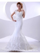 Mermaid Cathedral Sweetheart Dropped Ivory Applique / Lace / Ruffles Satin / Lace Sleeveless Zipper Wedding Dress