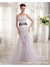 Ruffles / Beading / Applique / Sash Dropped Cathedral Satin / Tulle Mermaid Zipper Sleeveless Sweetheart Ivory Wedding Dress