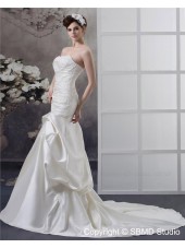 Strapless Satin Mermaid Empire Court Lace Up Applique / Beading / Ruffles Ivory Sleeveless Wedding Dress