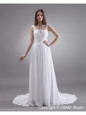 Column / Sheath Spaghetti Straps Sleeveless White Zipper Sweep Satin / Chiffon Beading / Sash Empire Wedding Dress