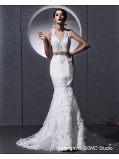 Applique / Lace / Sash / Beading Ivory Cathedral Sleeveless Halter Satin Mermaid Zipper Empire Wedding Dress