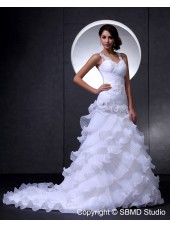 Empire V Neck A-line Sleeveless Ivory Zipper Organza / Lace Cathedral Hand Made Flower / Beading / Ruffles / Beading Wedding Dress