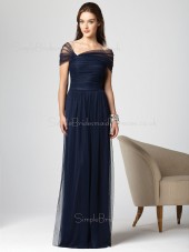 Dark-Navy Floor-length Natural Sheath Short-Sleeve Bridesmaid Dress