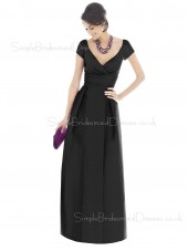 Short-Sleeve Satin Black Ruffles V-neck Bridesmaid Dress