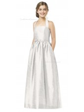 White Halter Satin A-line Floor-length Junior Bridesmaid Dresses