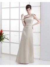 Sleeveless One-Shoulder Ruffles Natural A-line Champagne Satin Floor-length Zipper Bridesmaid Dress