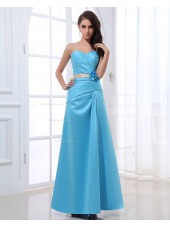 Satin Sweetheart Zipper Floor-length Blue A-line Sleeveless Ruffles/Flowers/Sash Natural Bridesmaid Dress