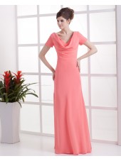 Short-Sleeve Zipper Natural Watermelon Ruffles Sheath Chiffon Floor-length V-neck Bridesmaid Dress
