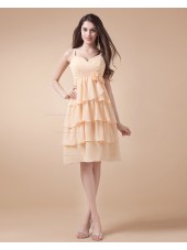 Spaghetti-Straps Natural Chiffon Sleeveless Zipper Daffodil A-line Ruffles/Tiered/Flowers Knee-length Bridesmaid Dress