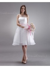 A-line Strapless Sleeveless Ruffles/Sash Knee-length Organza Natural White Zipper Bridesmaid Dress