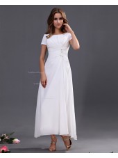 Sleeveless Ankle-length Ruffles/Beading Zipper A-line Natural Bateau Chiffon White Bridesmaid Dress