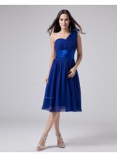 One-Shoulder A-line Chiffon Knee-length Natural Ruffles/Sash/Flowers Zipper Royal-Blue Sleeveless Bridesmaid Dress