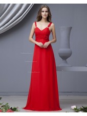 Floor-length Chiffon A-line Red Straps Ruffles/Flowers Natural Sleeveless Zipper Bridesmaid Dress