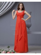 A-line Sleeveless Red Floor-length Chiffon Bateau Zipper Natural Ruffles/Beading/Tiered Bridesmaid Dress