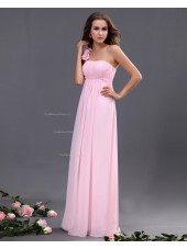 One-Shoulder Ruffles/Flowers/Draped A-line Zipper Chiffon Sleeveless Natural Floor-length Pink Bridesmaid Dress