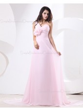 Natural Ruffles/Flowers/Draped Pink Zipper Floor-length Chiffon One-Shoulder A-line Sleeveless Bridesmaid Dress