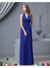 Sleeveless V-neck Chiffon Zipper Natural Royal-Blue Ruffles/Bow Floor-length A-line Bridesmaid Dress