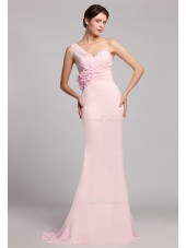 One-Shoulder Sleeveless Natural Pink Ruffles/Flowers Mermaid Zipper Floor-length Chiffon Bridesmaid Dress