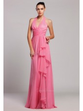 Sleeveless Floor-length Tiered/Ruffles Halter A-line Natural Zipper Chiffon Watermelon Bridesmaid Dress