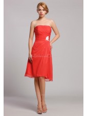 Strapless Knee-length Zipper A-line Red Natural Ruffles/Beading Chiffon Sleeveless Bridesmaid Dress