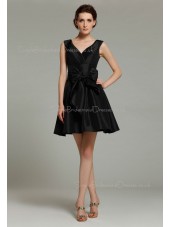 Sleeveless Ruffles/Bow V-neck Black Natural Short-length Taffeta Mini Zipper Bridesmaid Dress