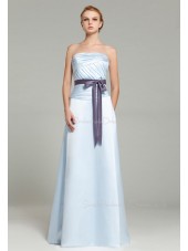 Sleeveless Satin Floor-length Ruffles/Sash A-line Strapless Zipper Light-Sky-Blue Natural Bridesmaid Dress