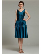 Elastic-Satin Knee-length Sleeveless Mermaid Ocean-Blue Dropped Zipper Ruffles V-neck Bridesmaid Dress