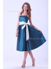 A-line Sleeveless Ink-Blue Tea-length Taffeta Ruffles/Bow Spaghetti-Straps Zipper Natural Bridesmaid Dress