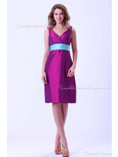 Ruffles/Sash Grape Natural Sleeveless Knee-length Taffeta Zipper Mini V-Neck Bridesmaid Dress