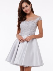 UK Vintage Silver / Grey Short Matte Satin Neck Cap Sleeves Appliques Bridesmaid Dress