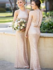 Beautiful Romantica High - Neck Sequins Rose Gold Wedding Bridesmaid Gown 