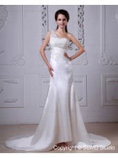 Satin Applique / Ruffles Dropped A-line One Shoulder Sleeveless Zipper Cathedral Ivory Wedding Dress