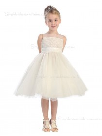 A-line Knee-length Champagne Organza Neck Applique Sleeveless High Flower Girl Dress