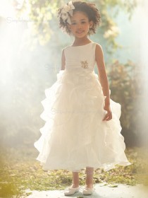 Ankle A-line Sleeveless Ivory Length Beading / Tiered Organza Scoop Flower Girl Dress