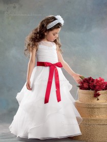 Bowknot / Tiered Scoop Sleeveless A-line Organza Floor-length White Flower Girl Dress