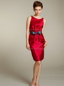 Sleeveless Red Bow Bateau Short-length Satin A-line Zipper Natural Bridesmaid Dress