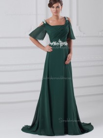 Chiffon Sweep Dark Green Zipper Bateau A-line Beading Cap Sleeve Dropped Bridesmaid Dress