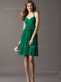 Knee-length Ruffles Dark Green Empire Zipper Halter Chiffon A-line Sleeveless Bridesmaid Dress