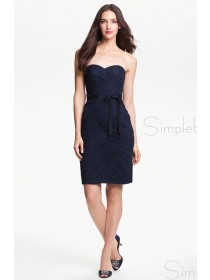 Zipper Ruched/Bow Knee-length A-line Sweetheart Dark Navy Sleeveless Natural Bridesmaid Dress