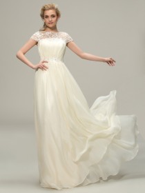 Elegant Best A-Line Long Lace Bateau Neck Short Sleeve Bridesmaid Dress