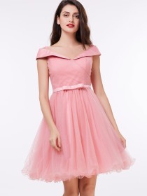 Fitted Romantica Pink Off the Shoulder Pleats Bowknot Bridesmaid Dress