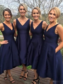 Girls Simple V-Neck A-Line High Low Bridesmaid Dress