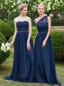 Online Celebrity One Shoulder A Line Beaded Long Natural Waist Bridesmaid Dress