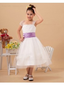 Tea Length Belt A line Bateau Organza Sleeveless White Zipper Flower Girl Dress