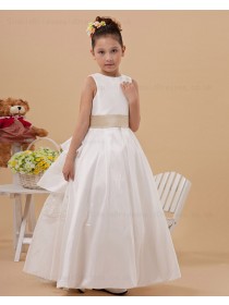 A line Ankle Length Belt Satin Lace Up White Sleeveless Scoop Flower Girl Dress